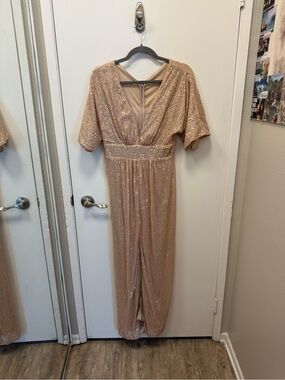 Sequin V-Neck Evening Split Seam Dress in Nude